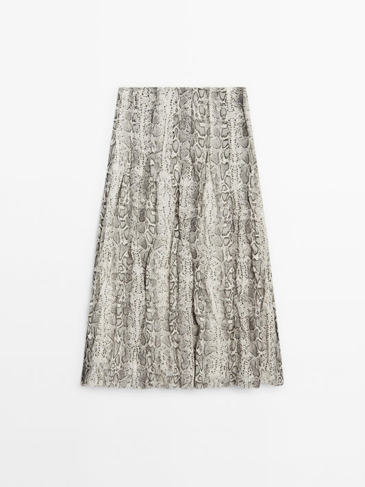 Snakeskin print wool blend midi skirt