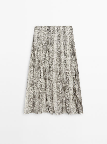 Snakeskin print wool blend midi skirt