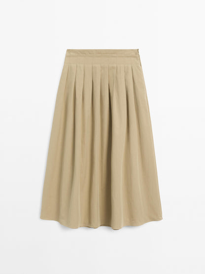 Cotton blend box pleat midi skirt