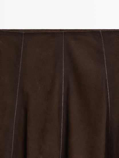 Suede leather flared midi skirt