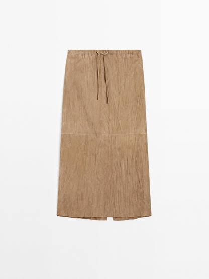 Straight suede leather midi skirt