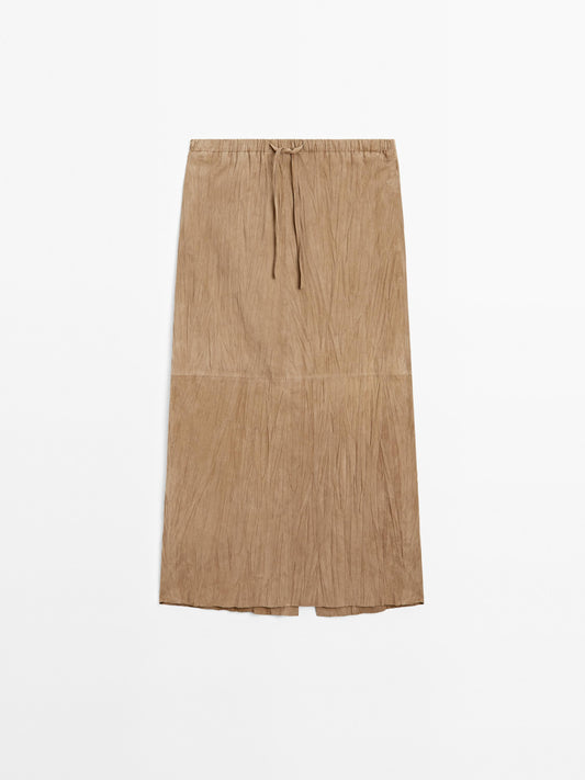 Straight suede leather midi skirt