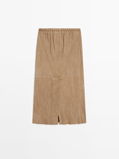 Straight suede leather midi skirt