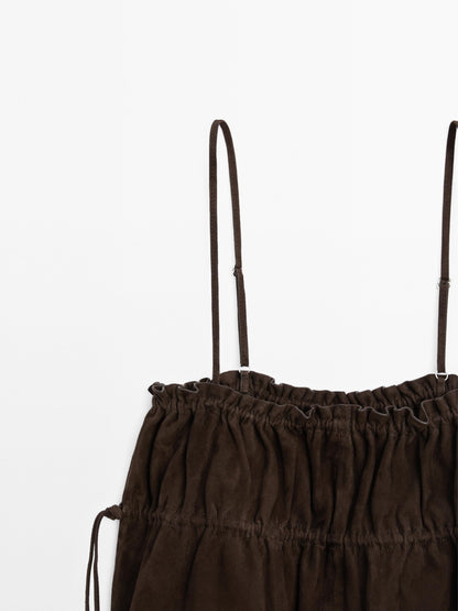 Gathered suede leather top with straps