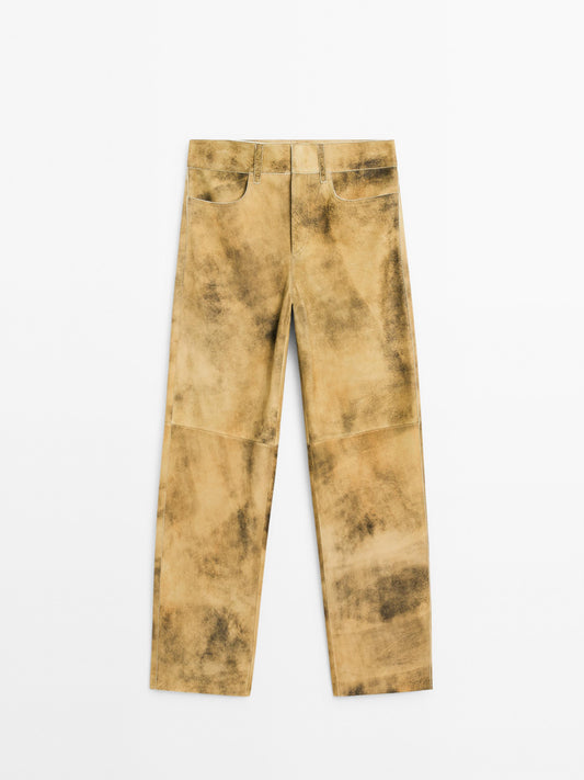 Worn effect suede leather trousers