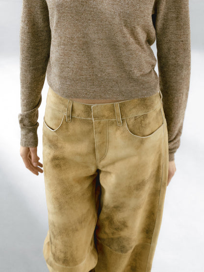 Worn effect suede leather trousers