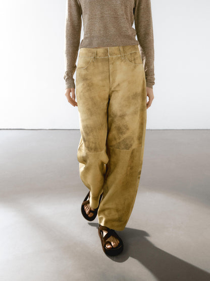 Worn effect suede leather trousers