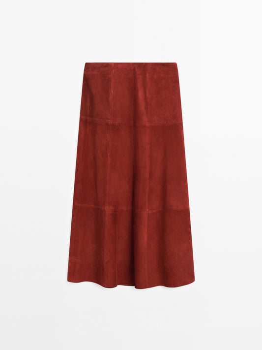 Suede leather flared midi skirt
