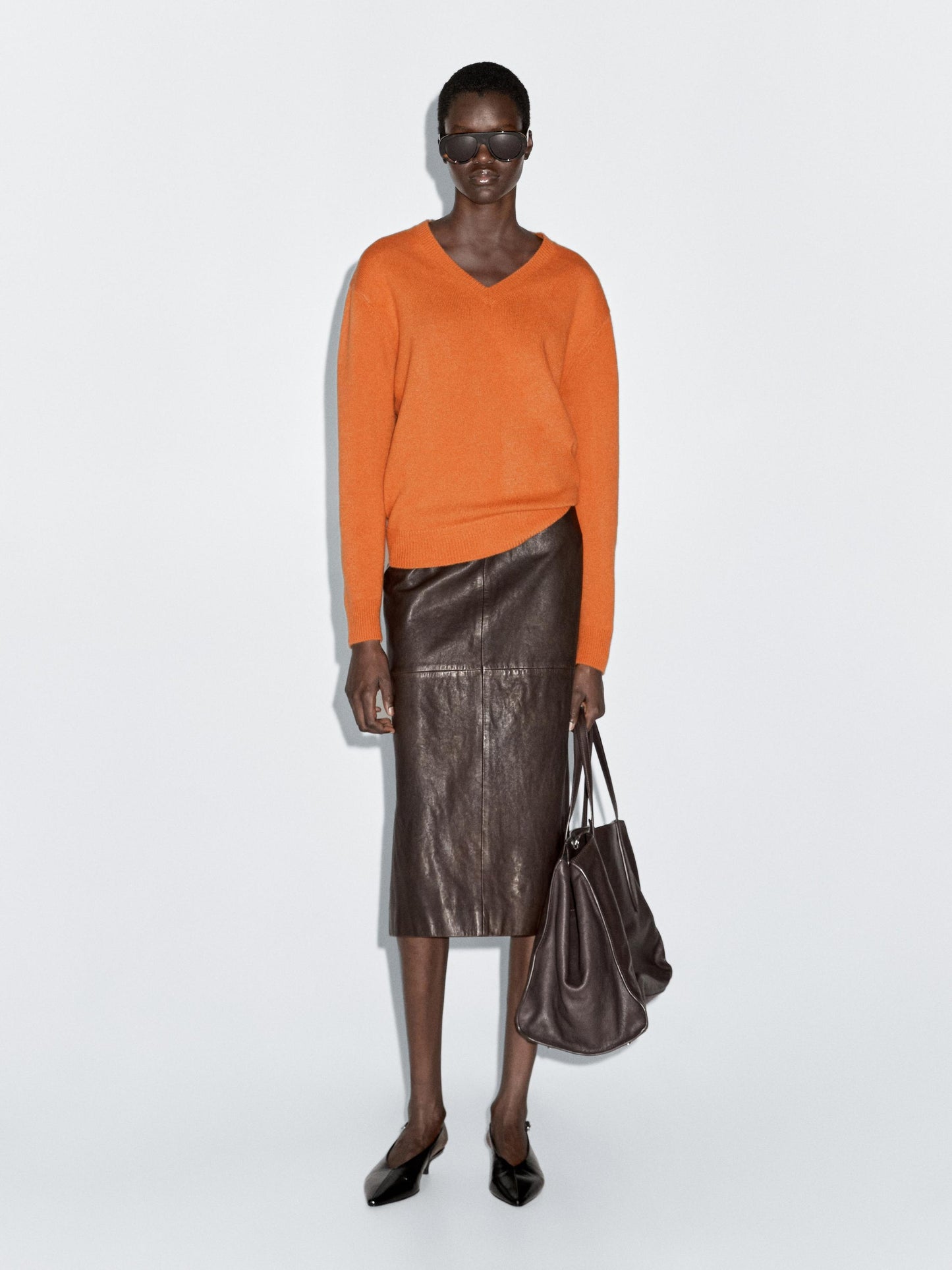 Straight nappa leather midi skirt with slit