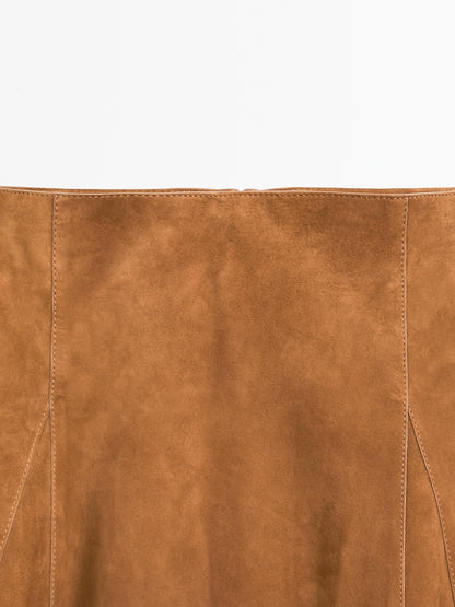 Suede leather flared midi skirt