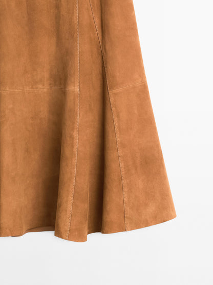 Suede leather flared midi skirt