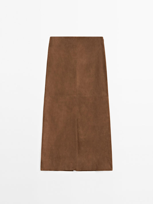 Suede leather midi skirt