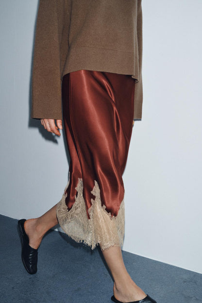 Zw Collection Contrast Lace Satin Skirt