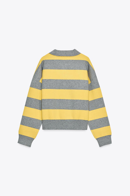 Striped Knit Polo Collar Sweater