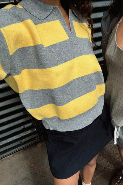 Striped Knit Polo Collar Sweater
