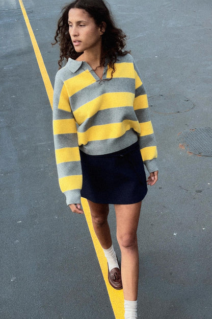 Striped Knit Polo Collar Sweater