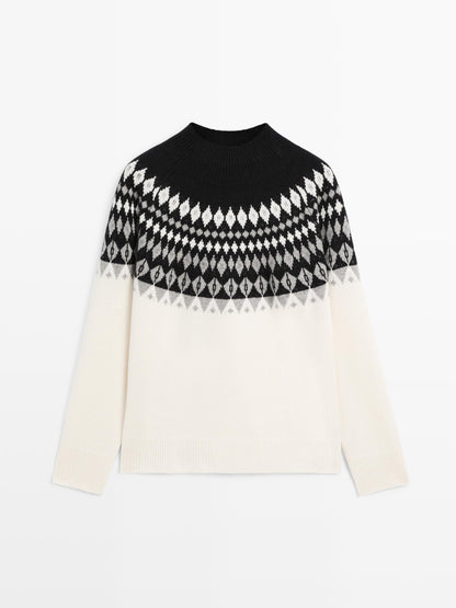 Wool blend jacquard knit sweater