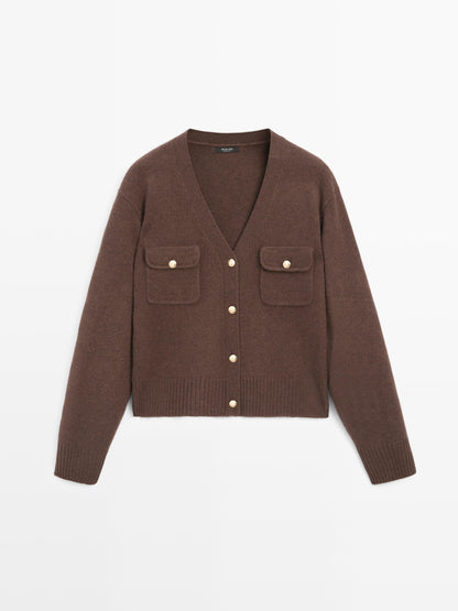V-neck knit cardigan with gold buttons