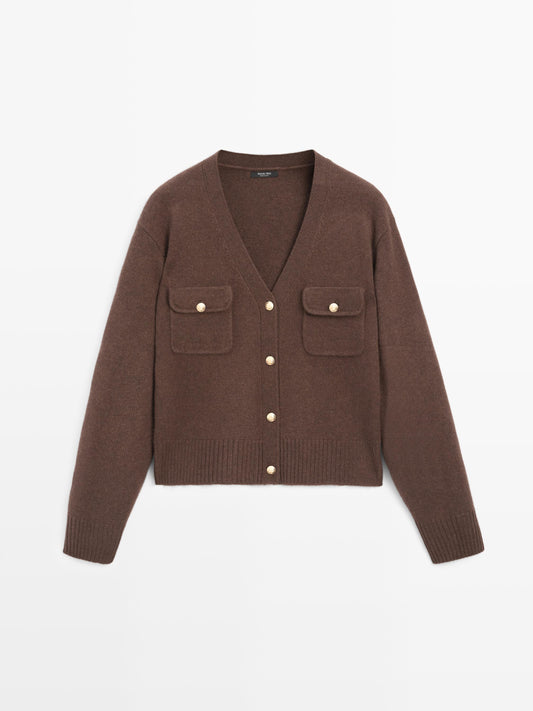 V-neck knit cardigan with gold buttons