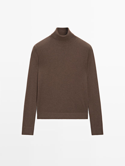 Wool blend high neck knit sweater