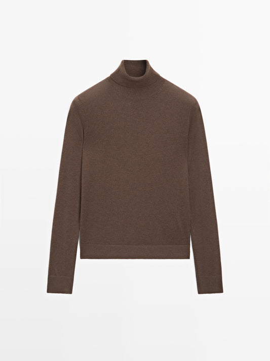 Wool blend high neck knit sweater