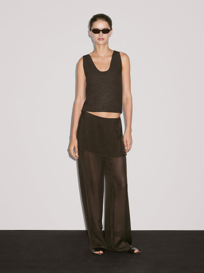 Cotton blend knit top with round neckline