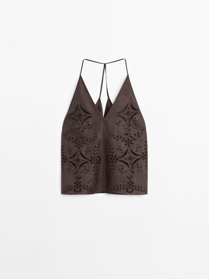 Linen blend embroidered top