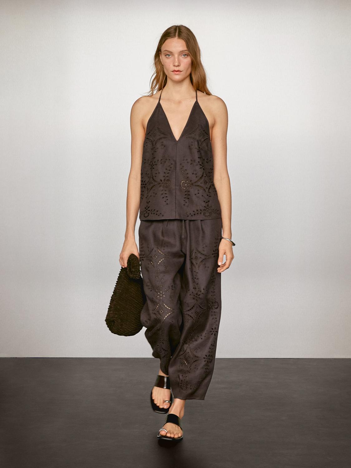 Linen blend embroidered top