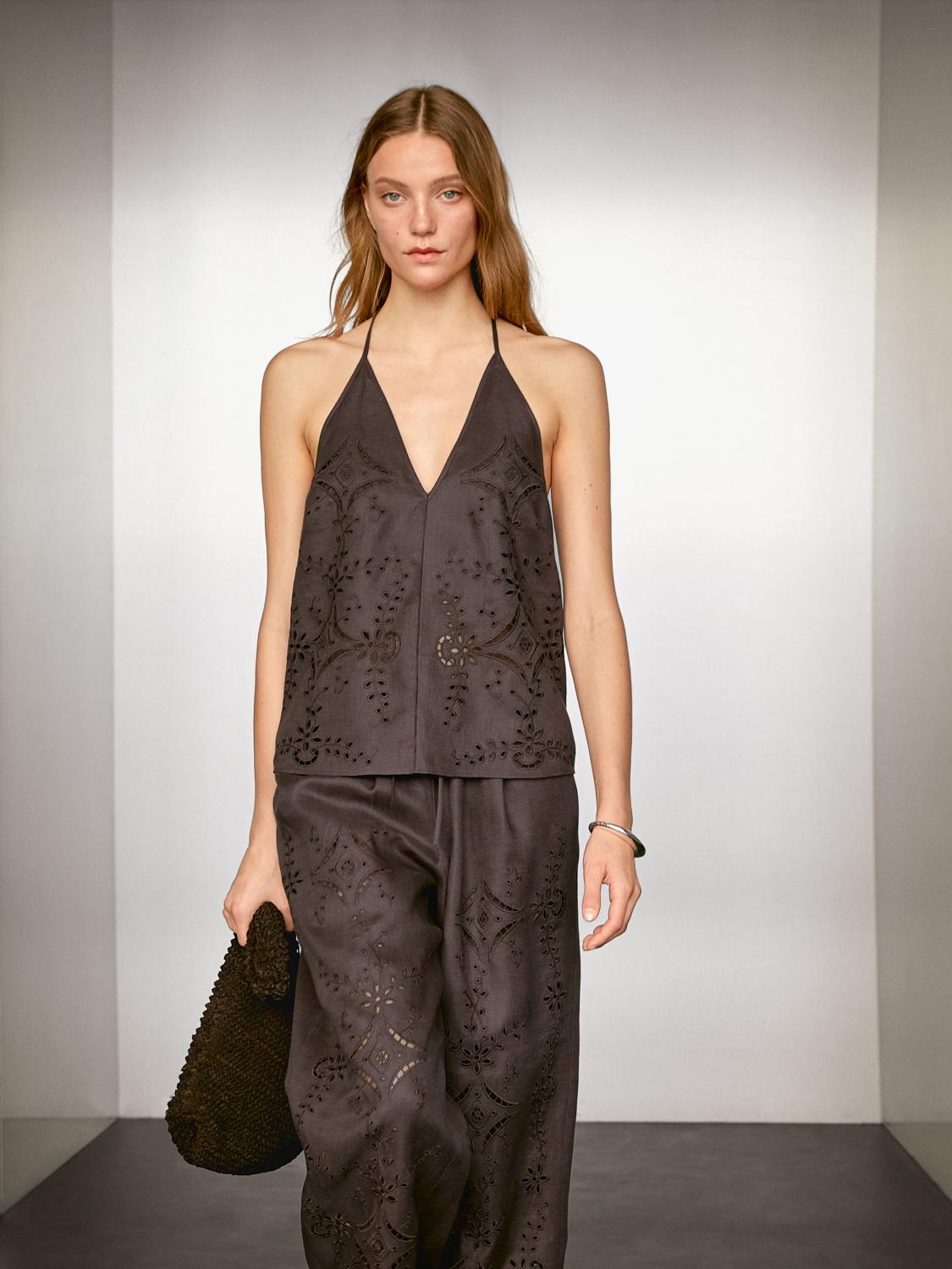 Linen blend embroidered top