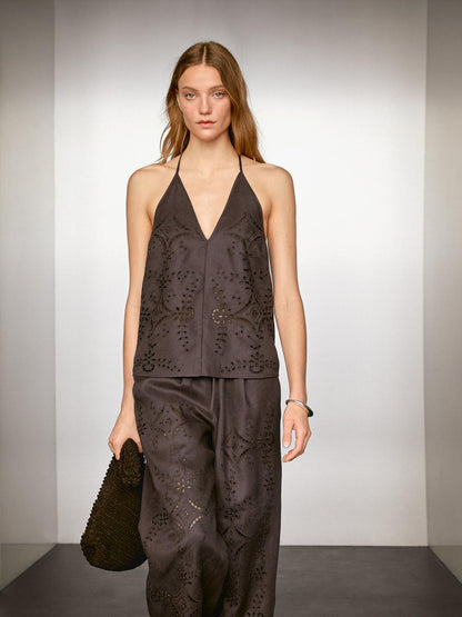 Linen blend embroidered top