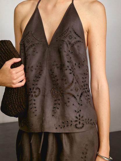 Linen blend embroidered top
