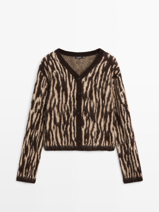 Alpaca wool blend animal print cardigan
