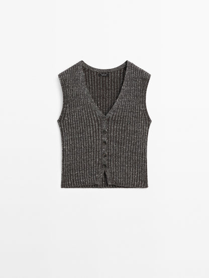 Linen blend flecked thread knit vest · Brown · Suit / Smart |