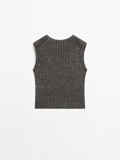 Linen blend flecked thread knit vest · Brown · Suit / Smart |