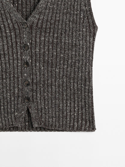 Linen blend flecked thread knit vest · Brown · Suit / Smart |