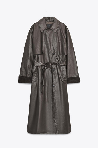 Long Waxed Trench Coat With Corduroy Cuffs