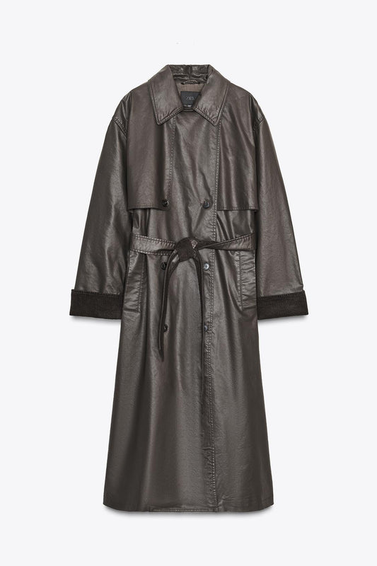 Long Waxed Trench Coat With Corduroy Cuffs