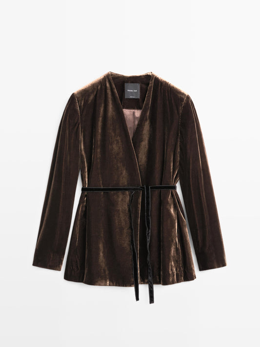 Velvet blazer with tie detail