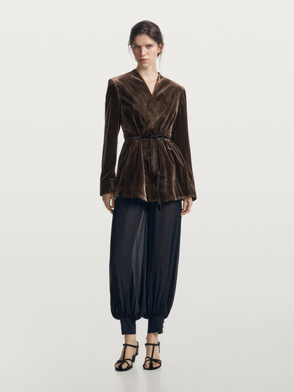 Velvet blazer with tie detail