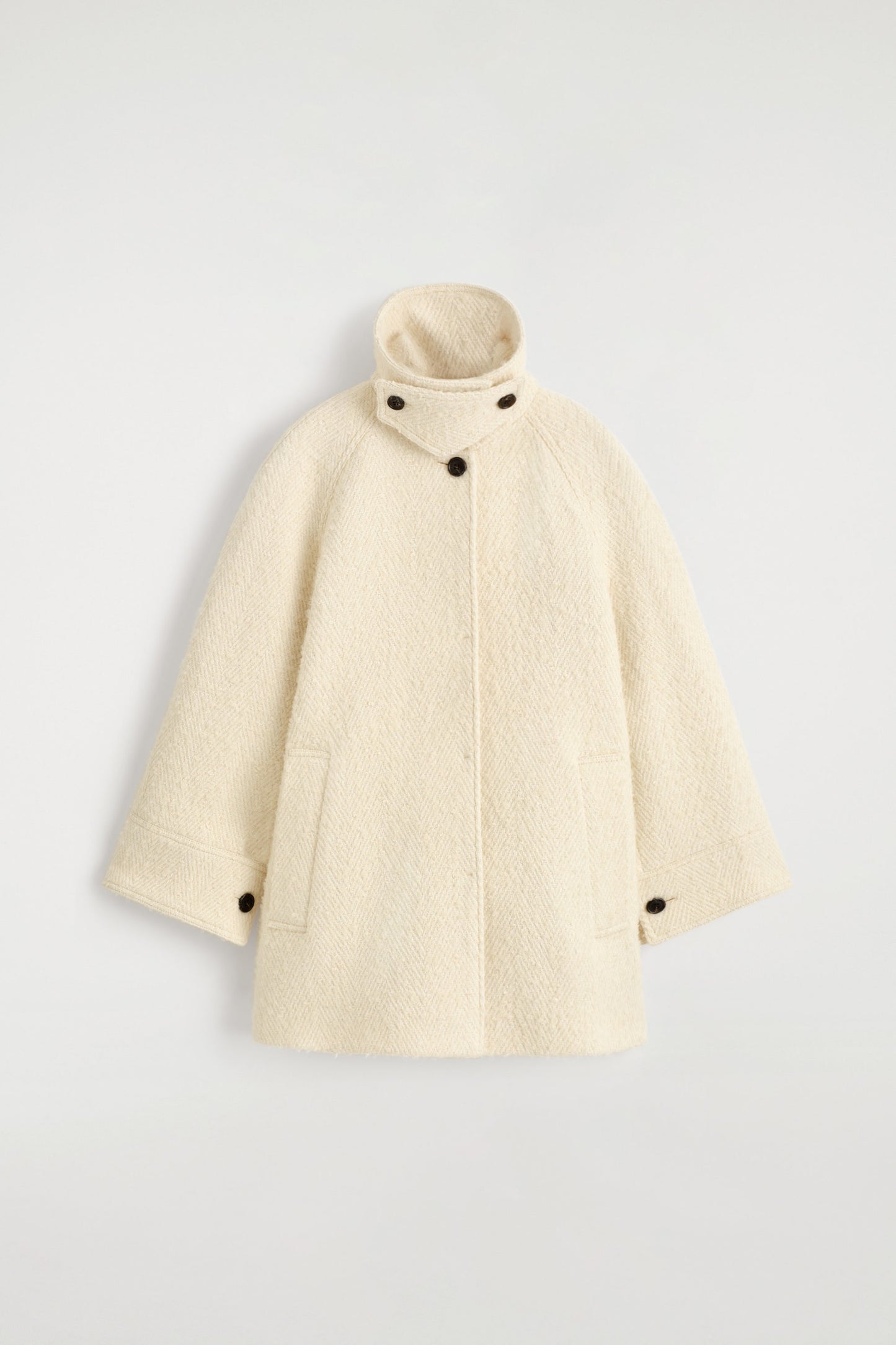 Funnel-neck wool-herringbone short coat