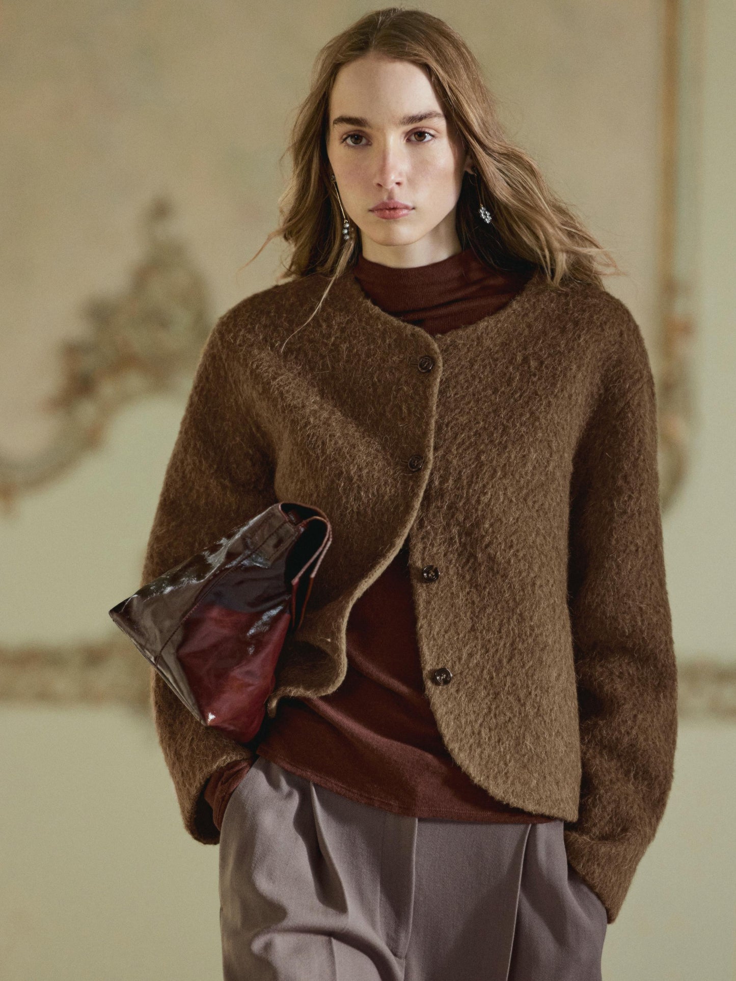 Alpaca and wool knit cardigan with brushed finish