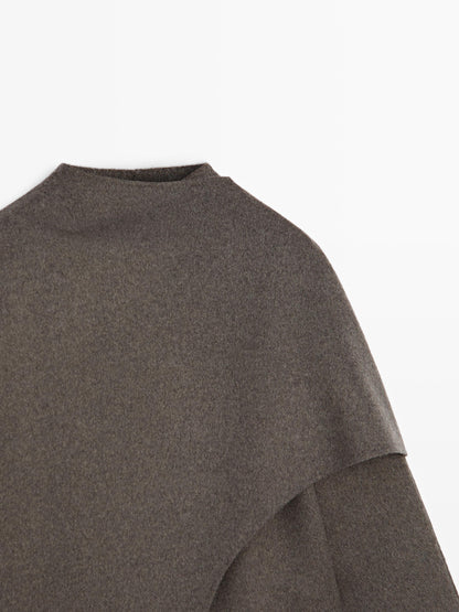 Mid-length wool blend coat with scarf