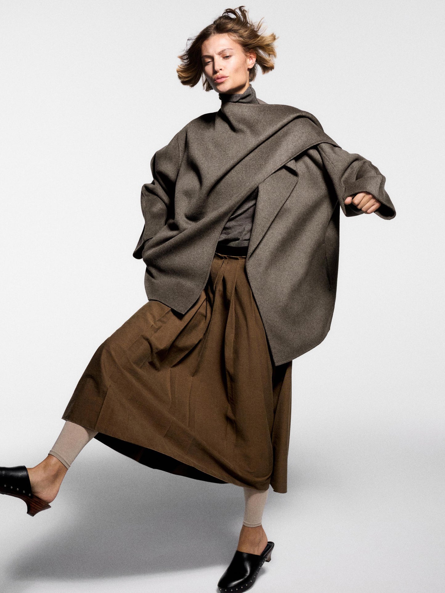 Mid-length wool blend coat with scarf