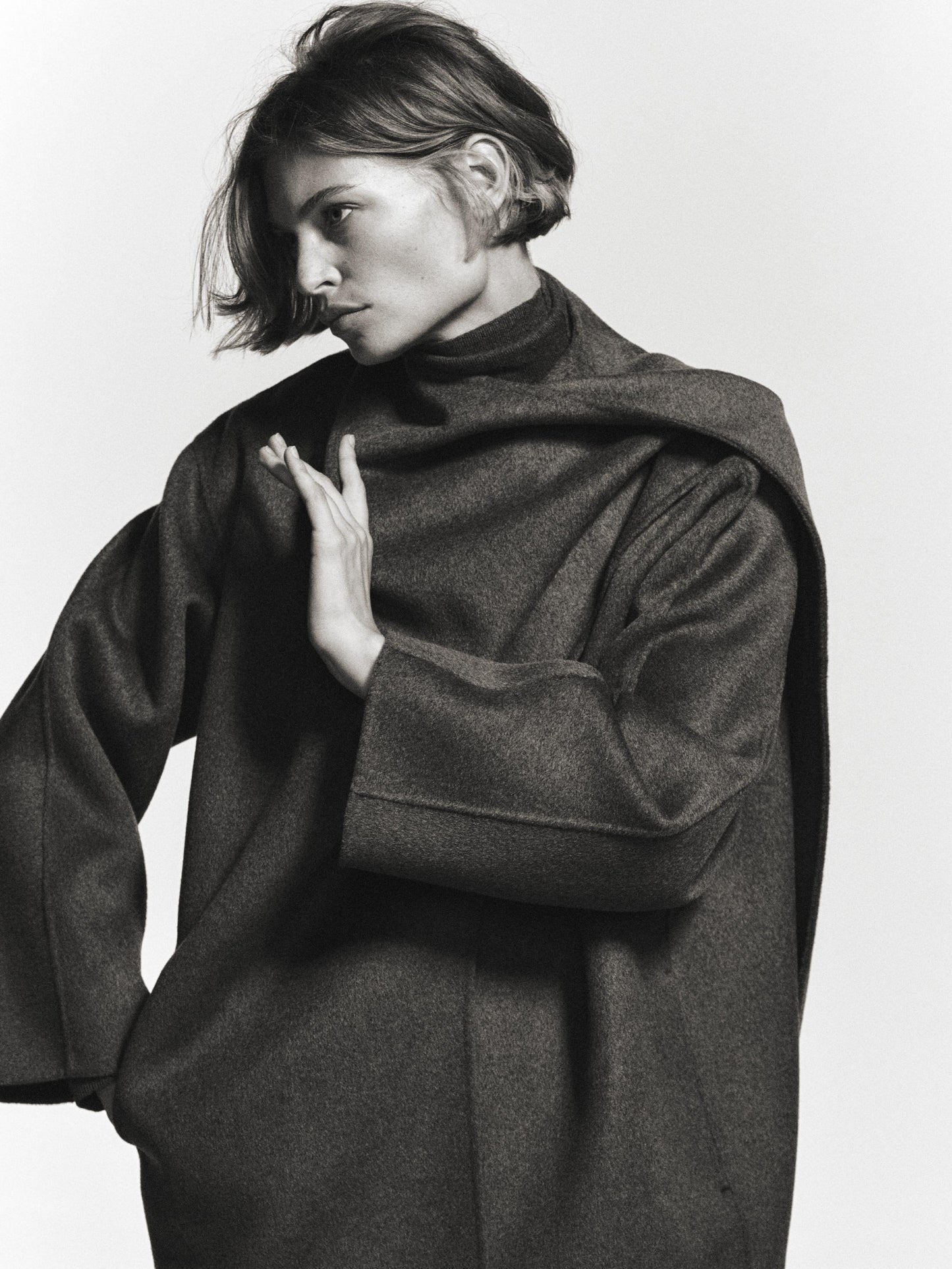 Mid-length wool blend coat with scarf
