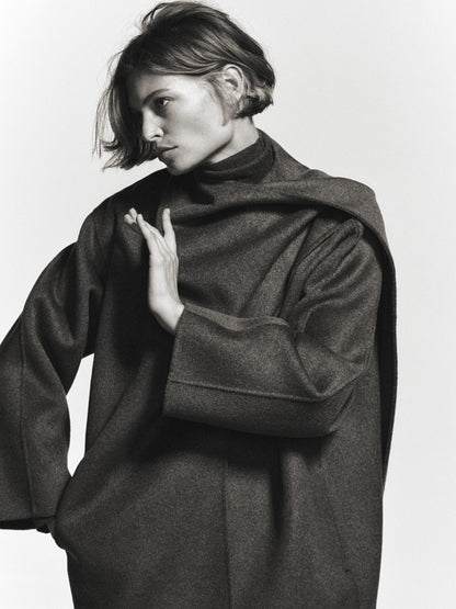 Mid-length wool blend coat with scarf