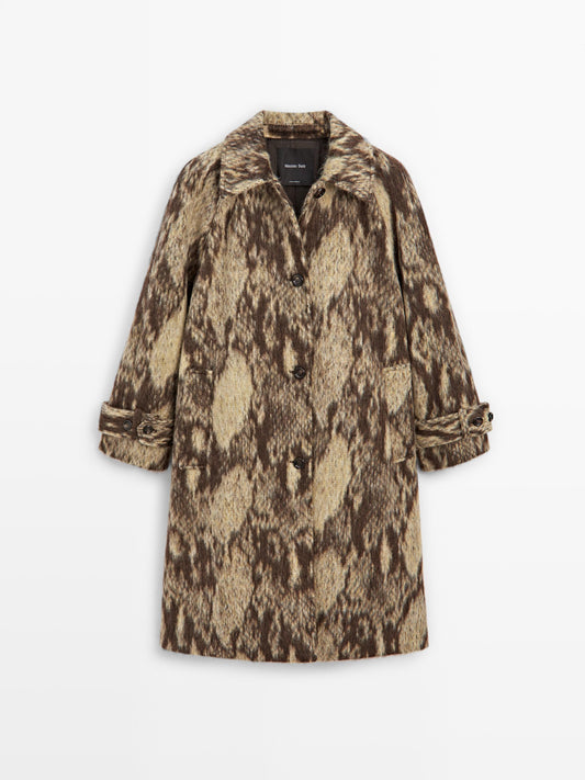 Long wool blend snakeskin print coat