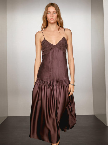 Flowing satin midi dress with straps