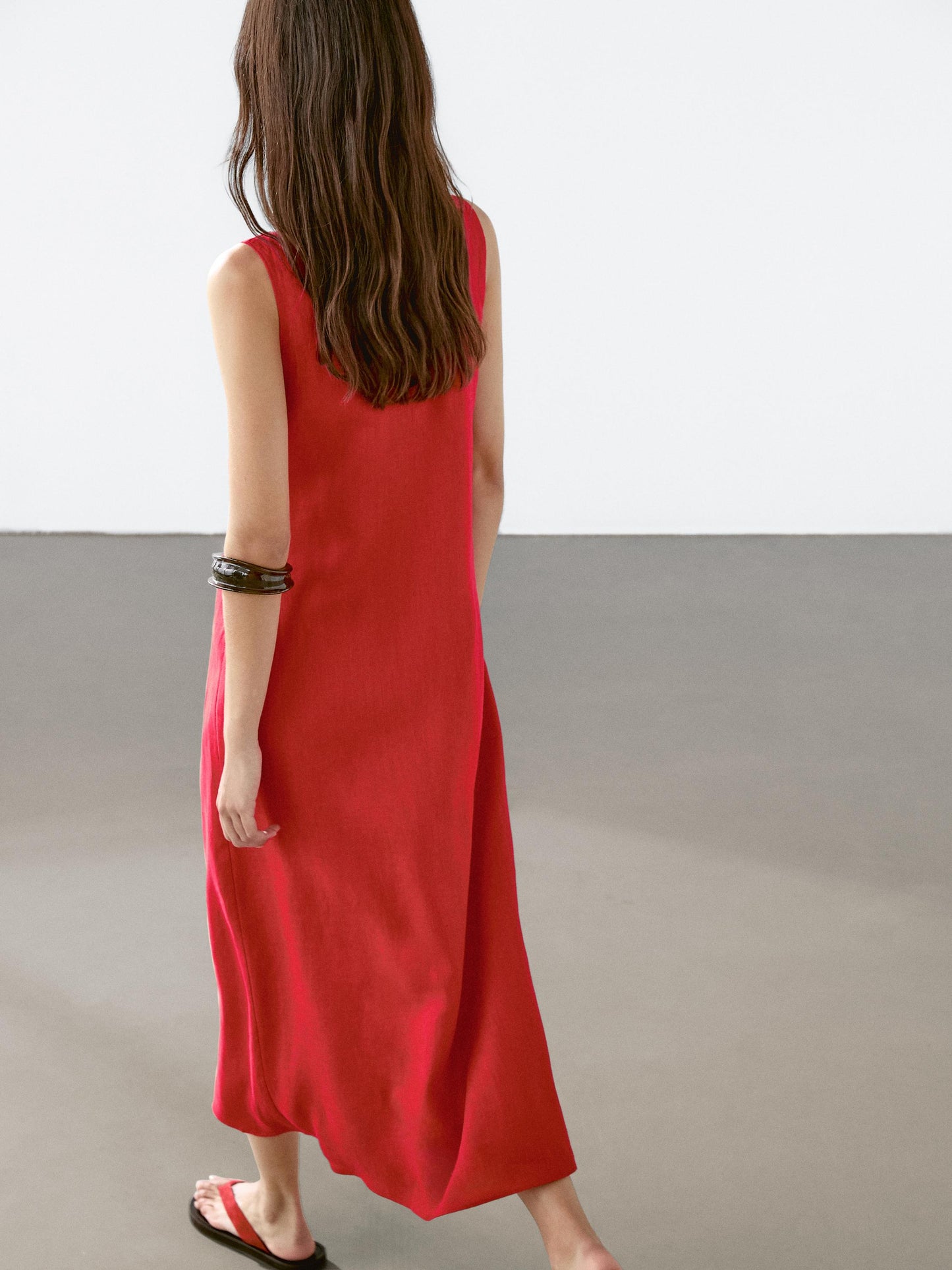 100% linen round neck midi dress