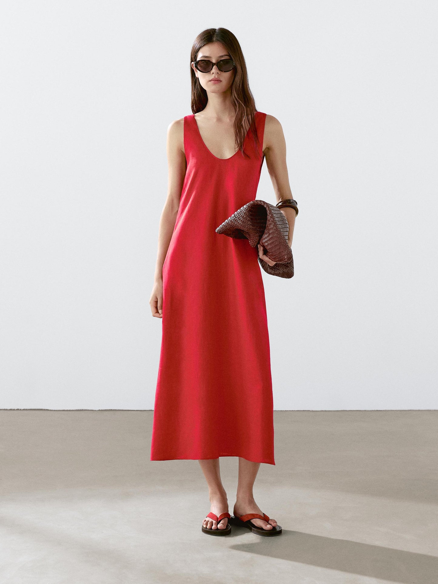 100% linen round neck midi dress