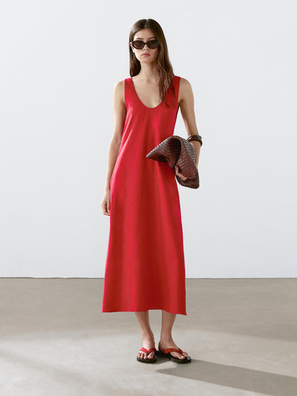 100% linen round neck midi dress